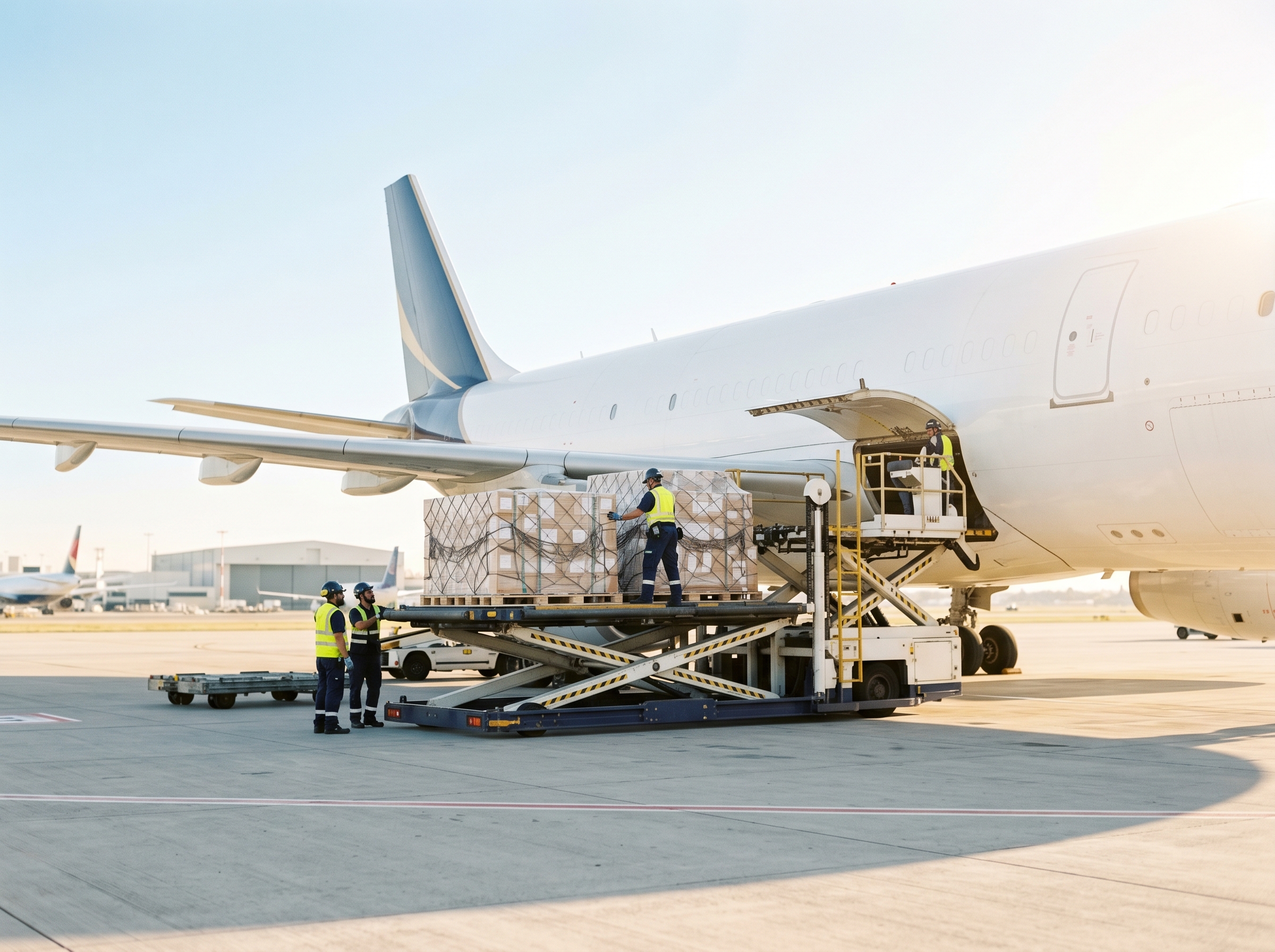 Ground crew loading palletized cargo into the hold of a wide-body aircraft on the tarmac at sunrise