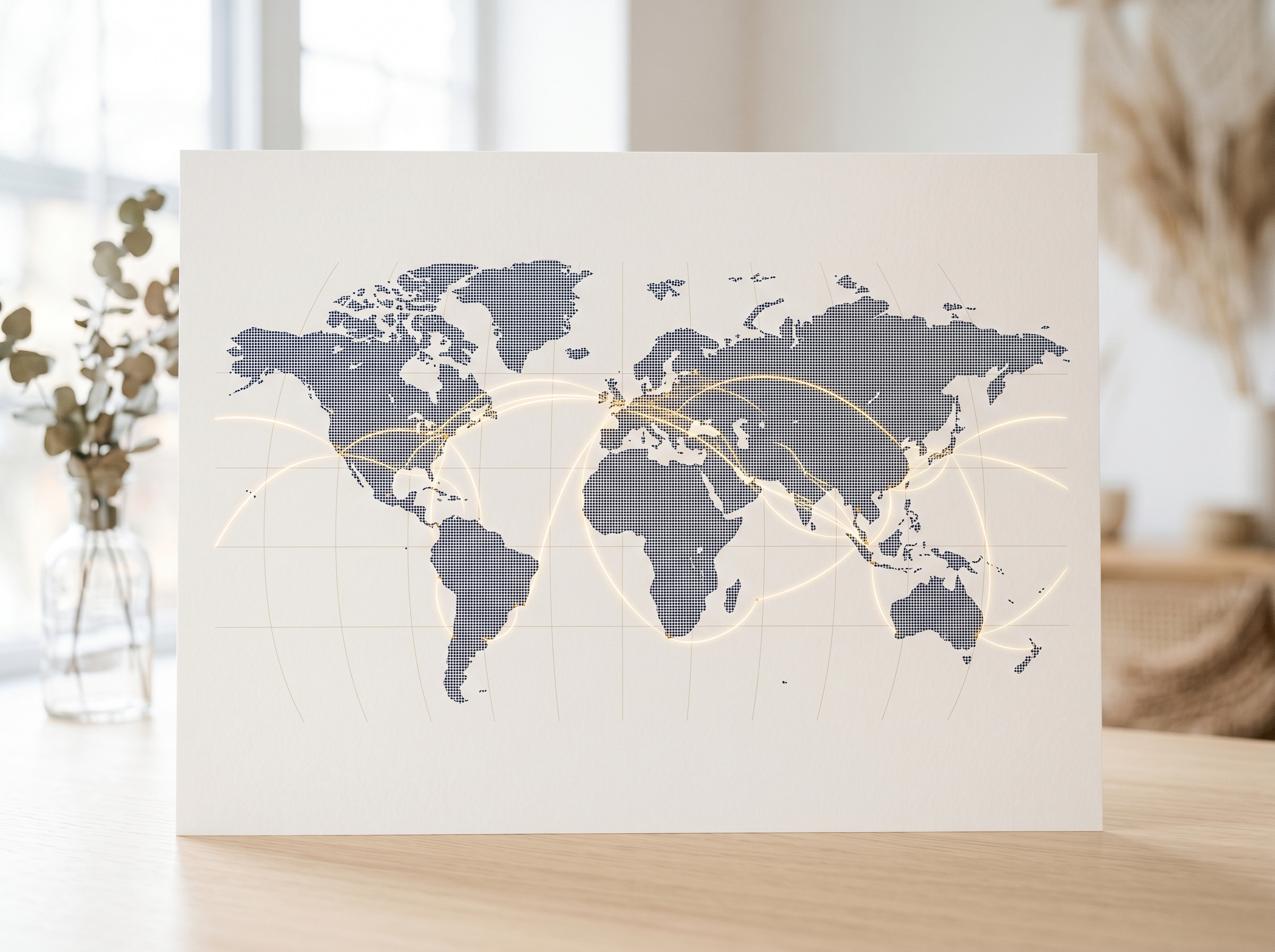 Framed print of a dotted world map with golden arcs linking continents across global trade routes
