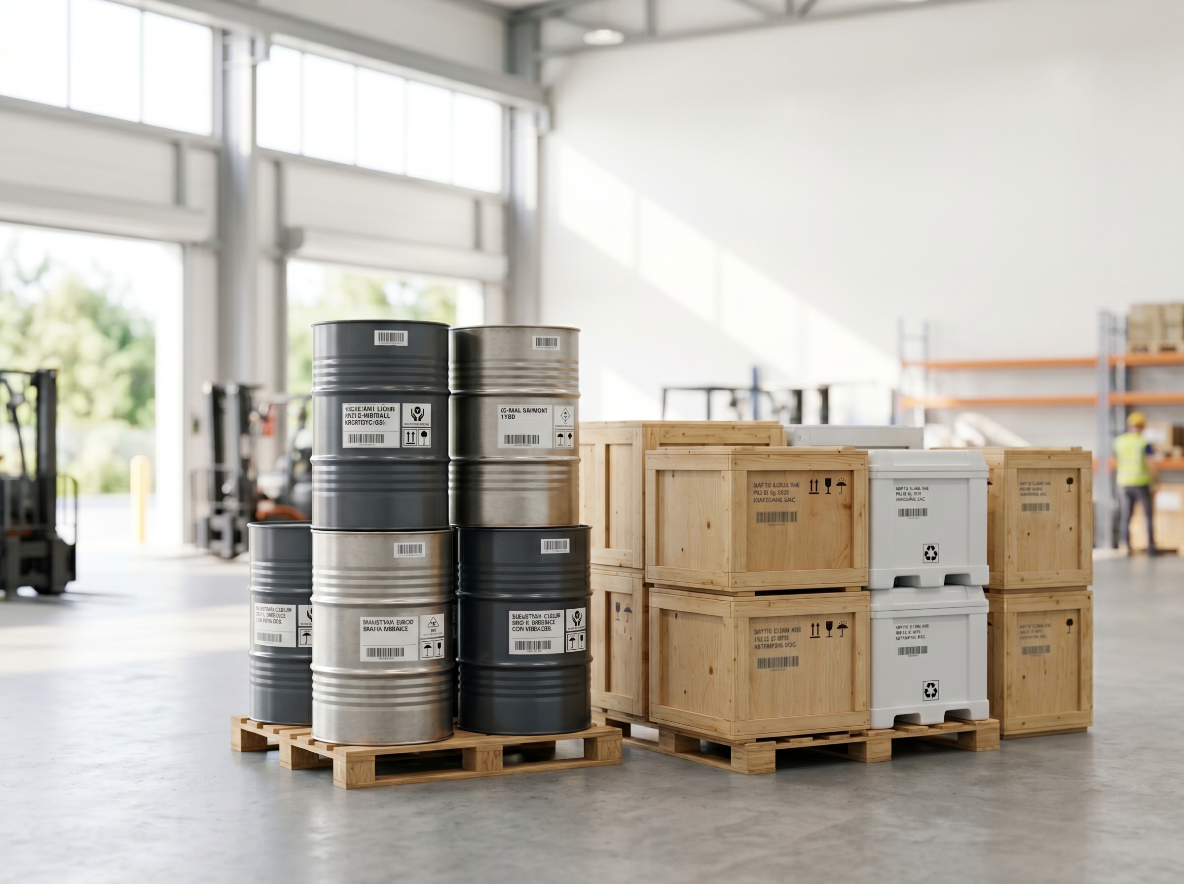 Labeled steel drums and wooden crates of hazardous goods stacked on pallets in a warehouse