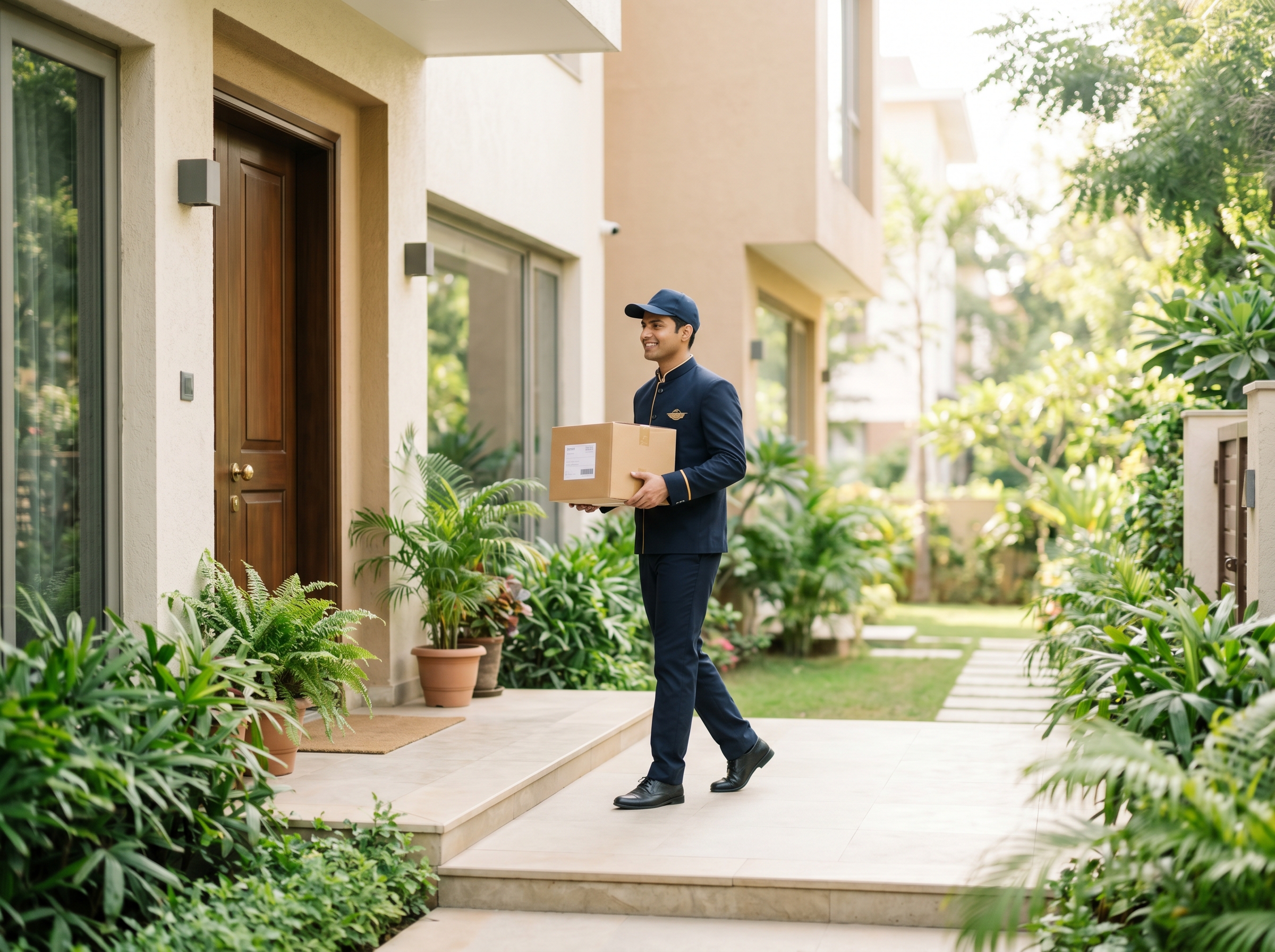 Uniformed Taj courier carrying a parcel up the steps to the front door of a home