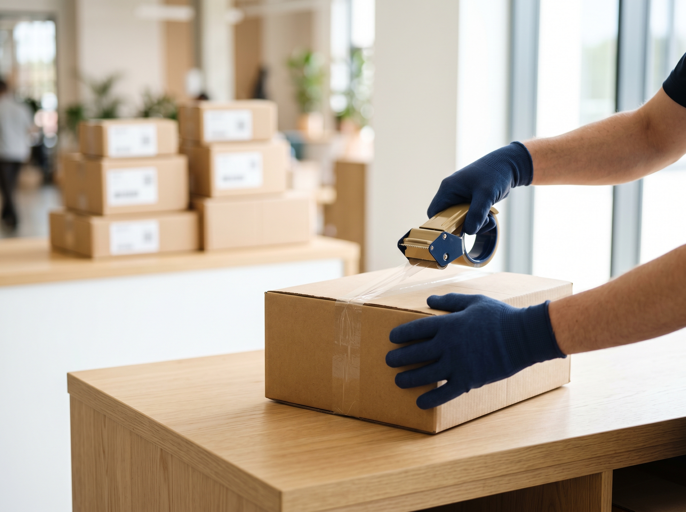 Courier in navy gloves sealing a cardboard parcel with tape at a bright dispatch counter