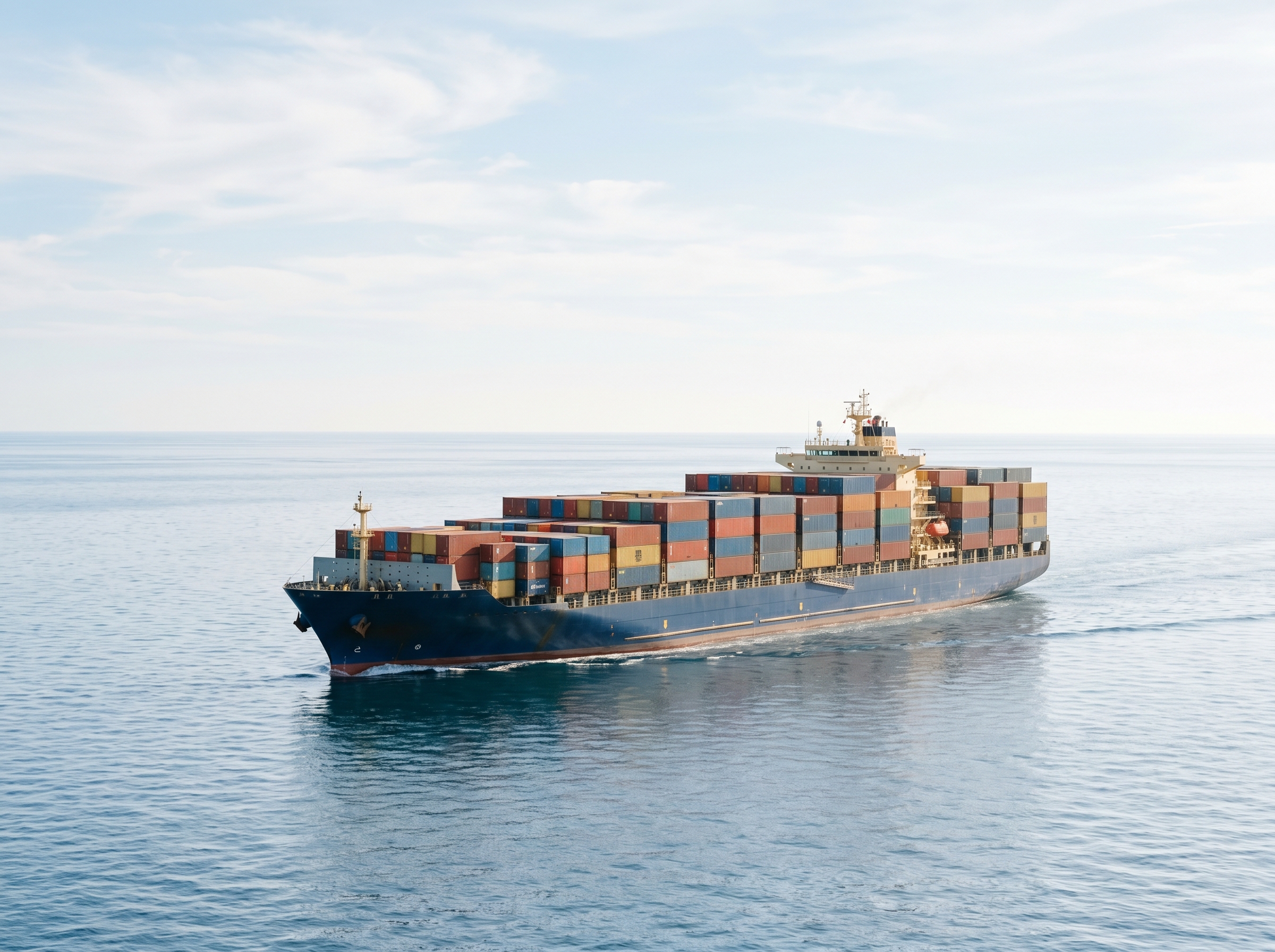 Fully laden container ship sailing across the open ocean under a clear sky