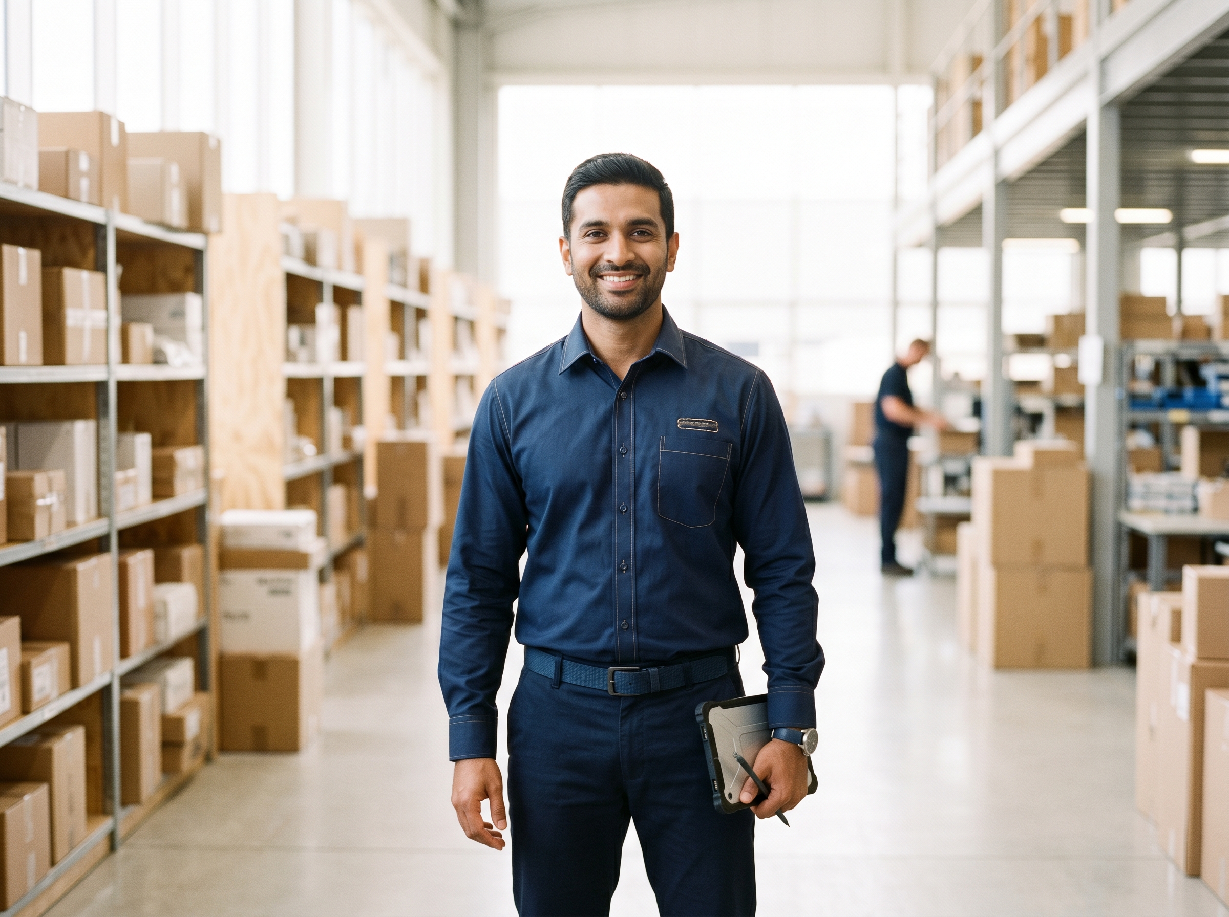 Taj International Courier logistics supervisor holding a rugged tablet on the floor of a parcel fulfilment warehouse